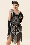 Silver Fringed Sequins Glitter Flapper Dress with 20s Accessories Set