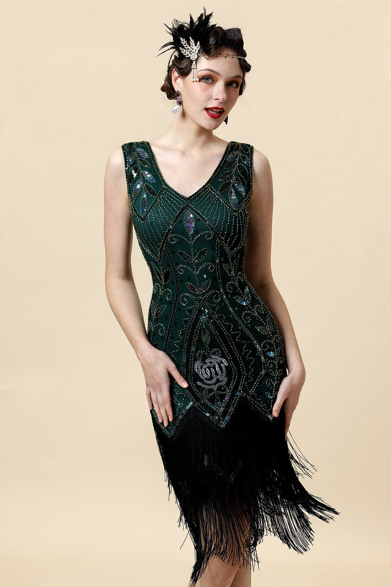 Load image into Gallery viewer, Green Fringed Gatsby Dress with 20s Accessories Set