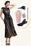 Black Sequins Glitter Midi Flapper Dress with 20s Accessories Set