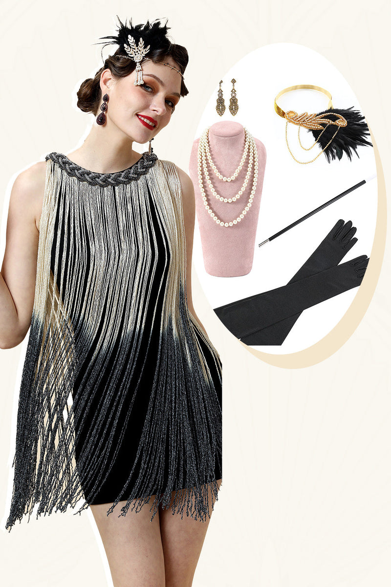 Load image into Gallery viewer, Apricot Fringed Flapper Dress with 20s Accessories Set