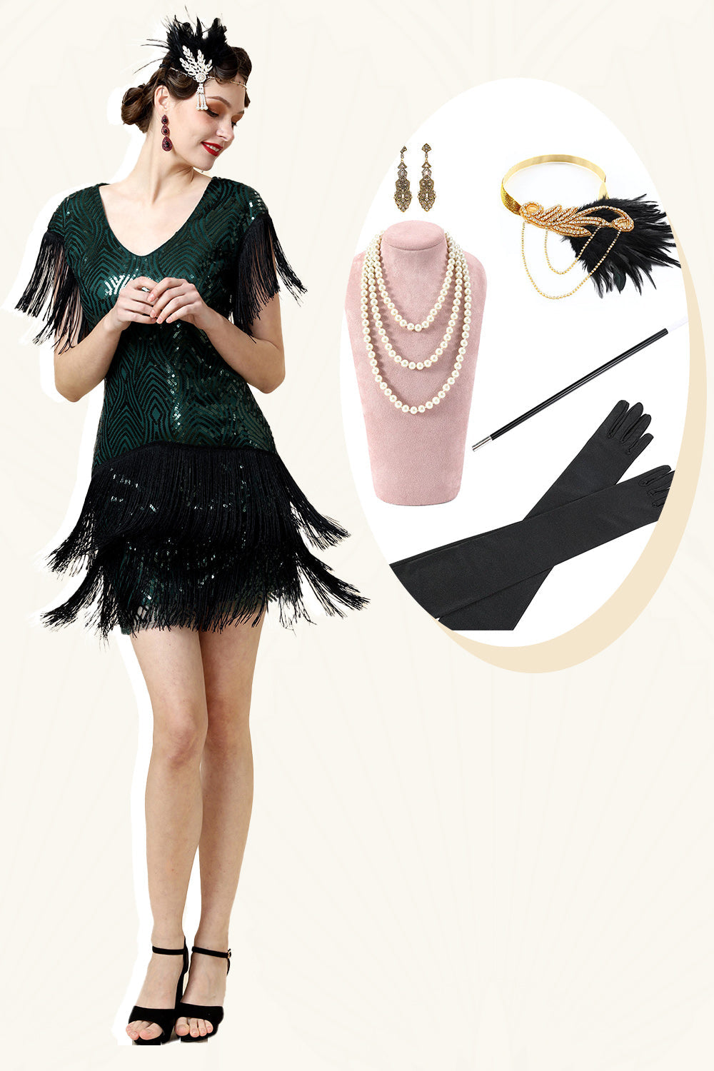 Fringed Green Sequins Flapper Dress with 1920s Accessories Set