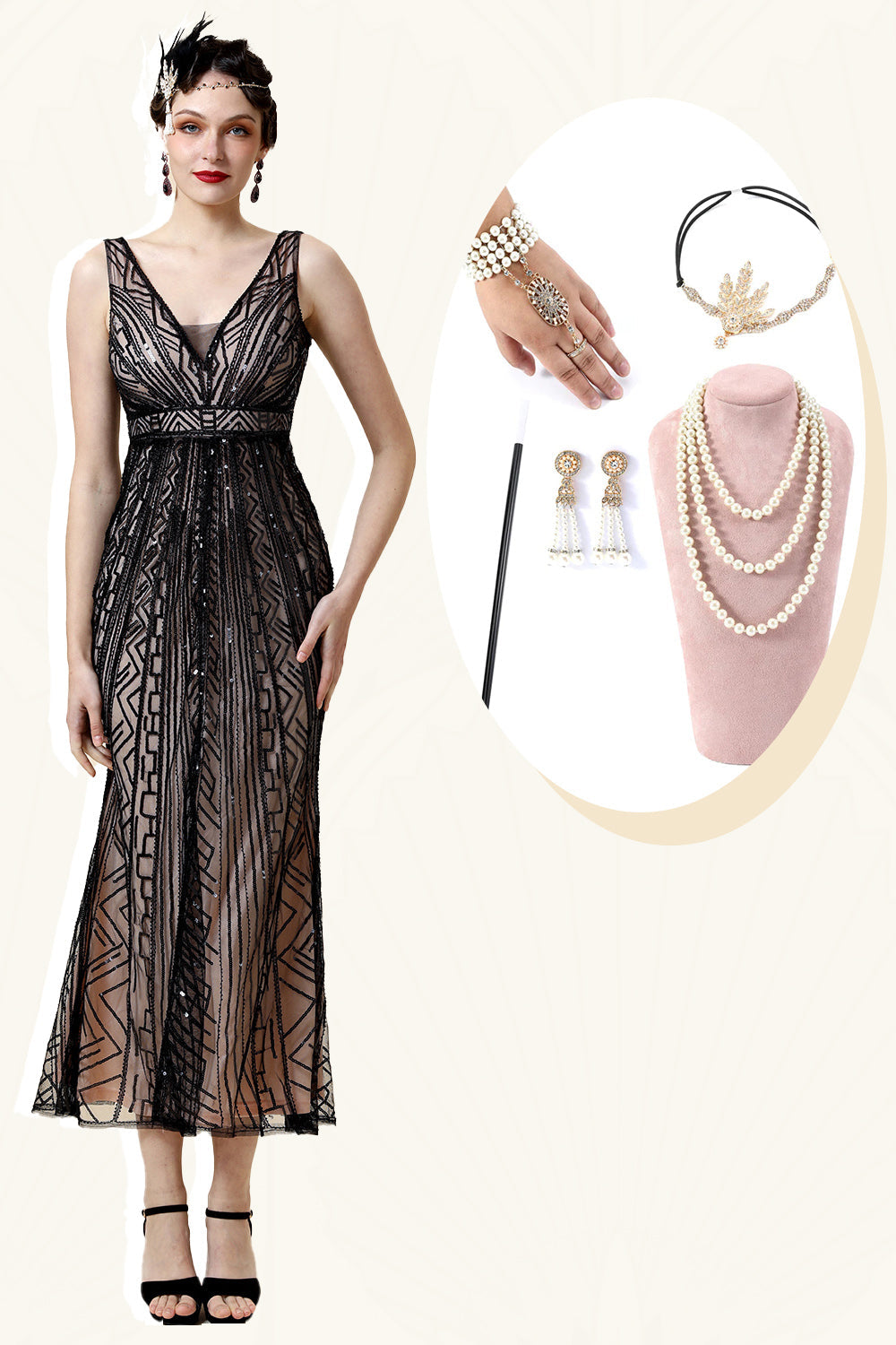 Pink Sequins Flapper Dress with 1920s Accessories Set
