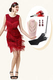 Red Beaded Fringed Flapper Dress with 20s Accessories Set