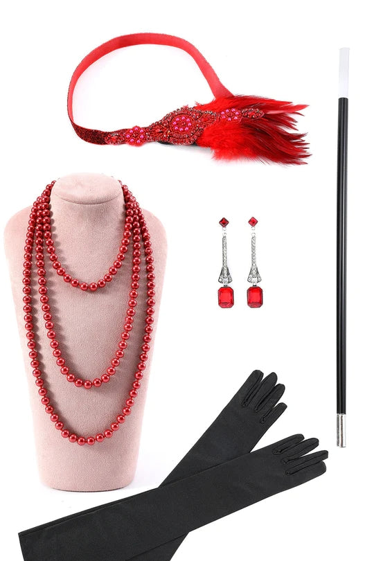 Load image into Gallery viewer, Red Beaded Fringed Flapper Dress with 20s Accessories Set