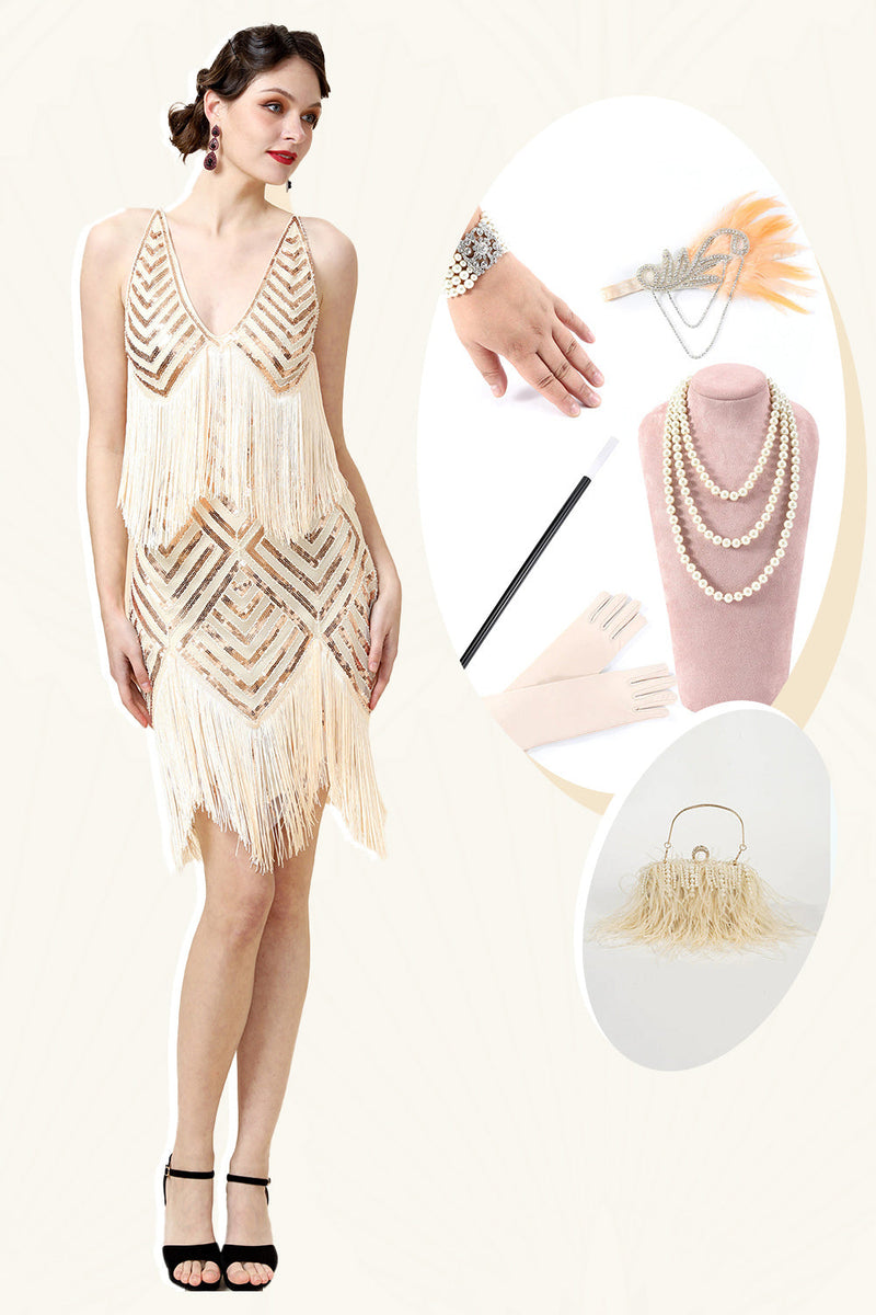 Load image into Gallery viewer, Fringed Champagne Sequins Flapper Dress with 1920s Accessories Set
