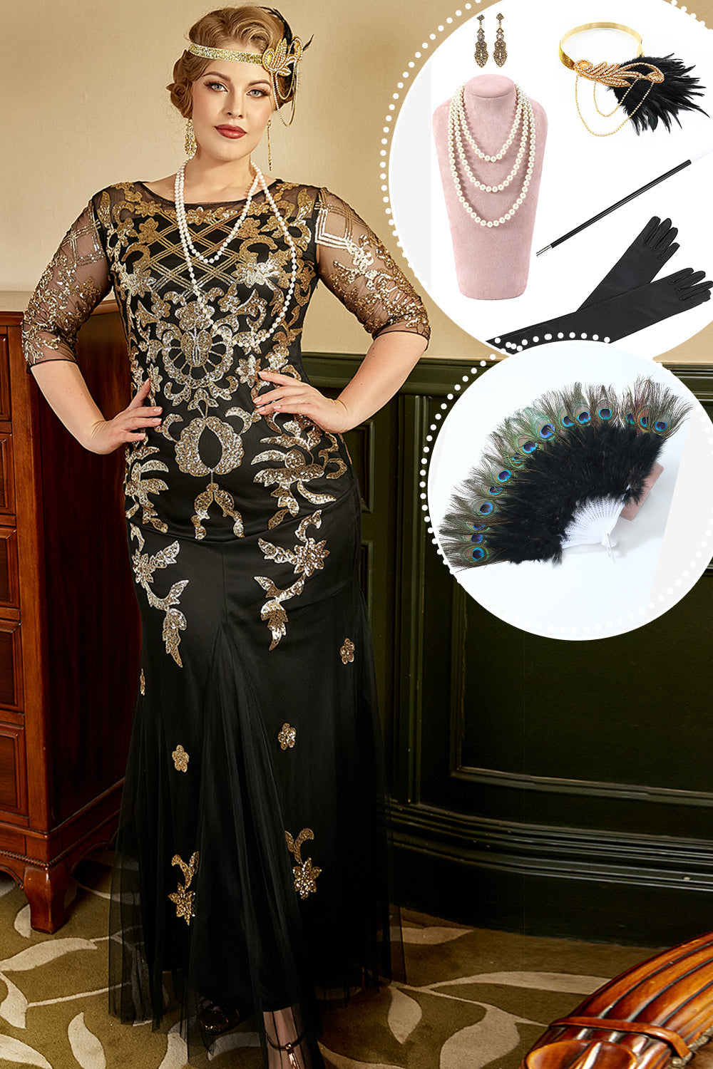 Black and Golden Plus Size 1920s Gatsby Dress with 20s Acessories Set