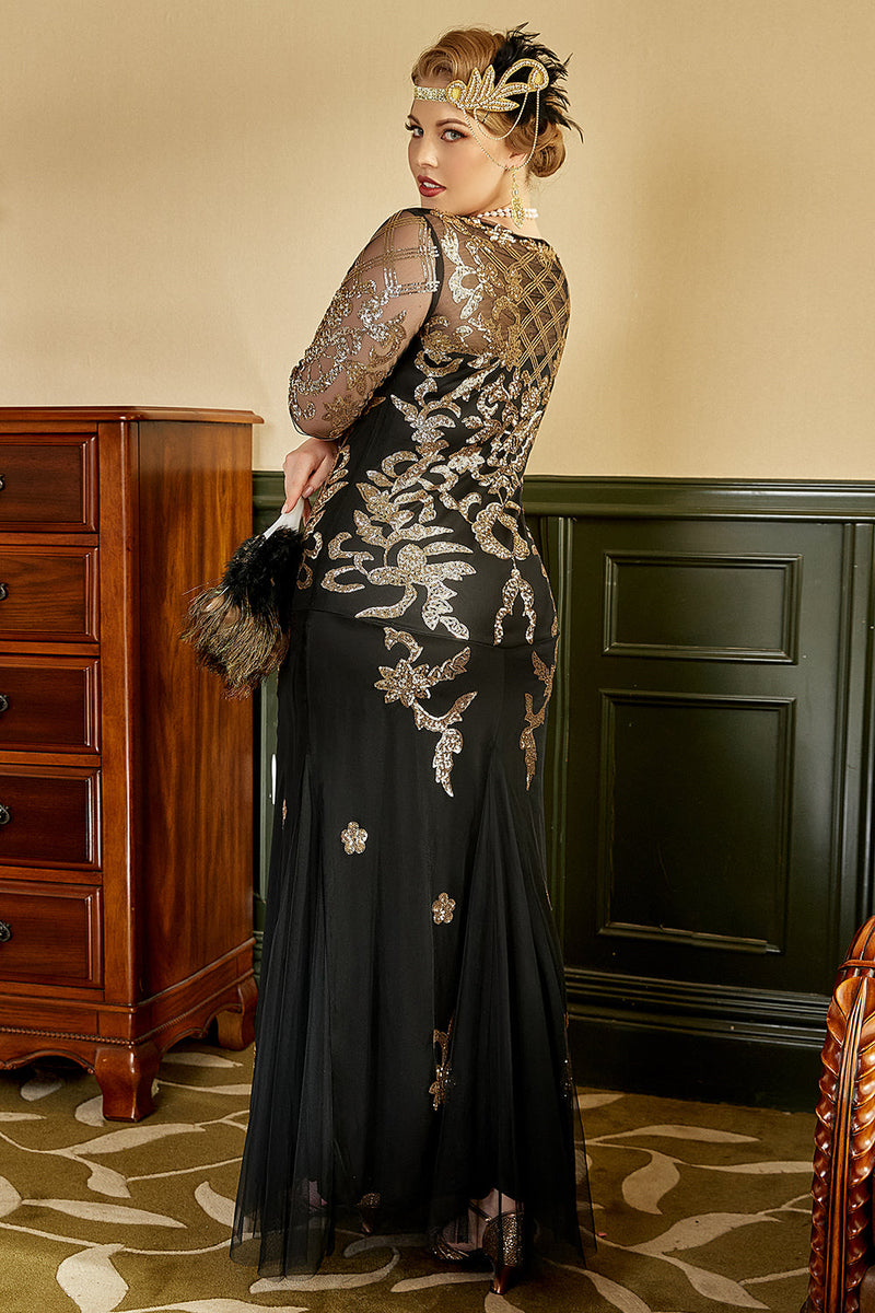 Load image into Gallery viewer, Black and Golden Plus Size 1920s Gatsby Dress with 20s Acessories Set