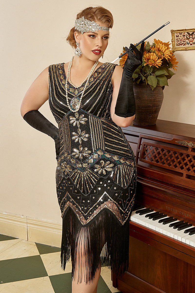Load image into Gallery viewer, Black Golden Sequins Plus Size 1920s Gatsby Dress with 20s Acessories Set