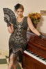 Load image into Gallery viewer, Black Golden Sequins Plus Size 1920s Gatsby Dress with 20s Acessories Set