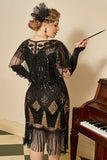 Black Golden Cap Sleeves 1920s Dress with 20s Accessories Set