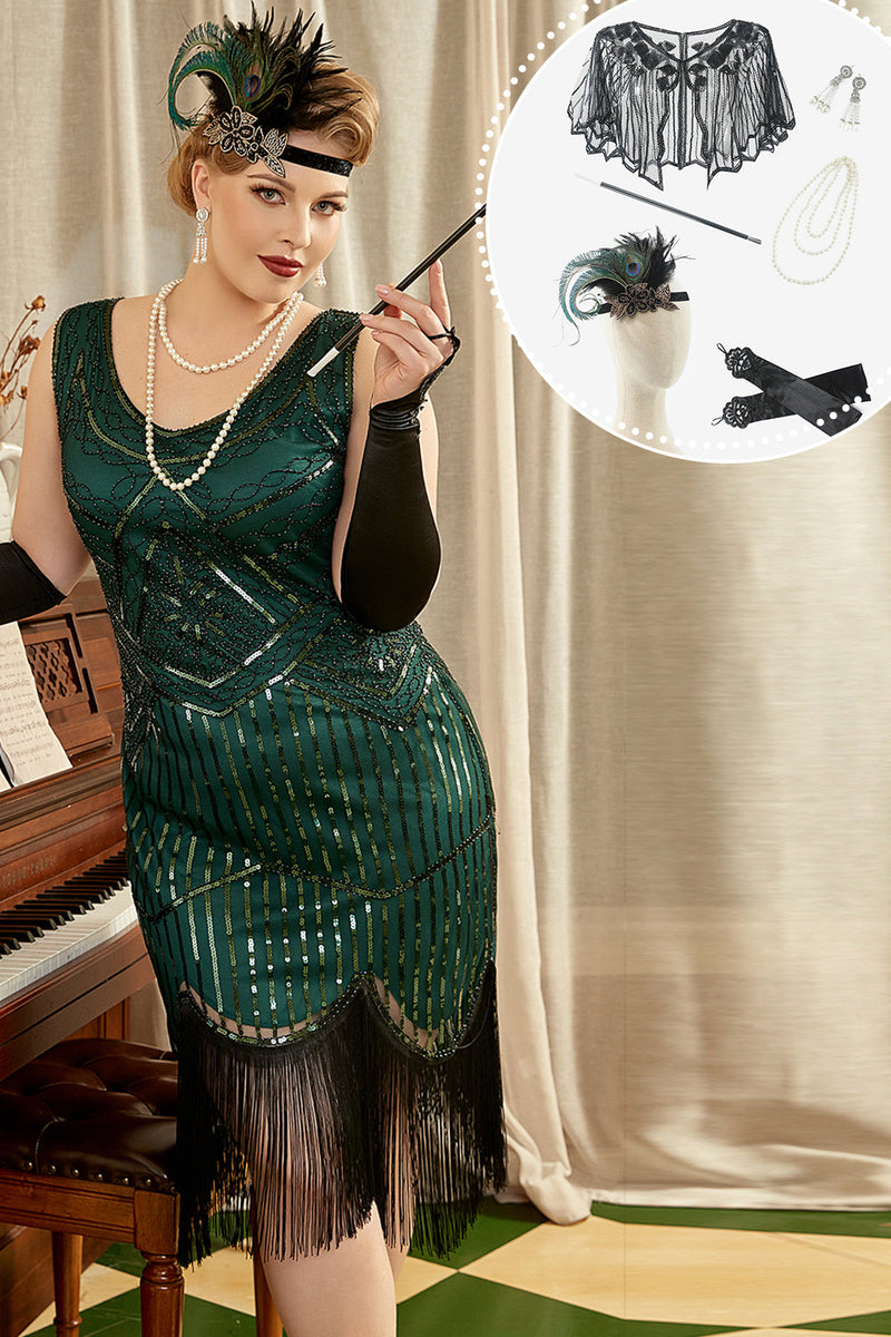Load image into Gallery viewer, Green 1920s Plus Size Dress with 20s Accessories Set