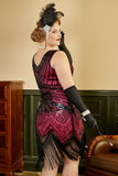 Fuchsia Sequins 1920s Plus Size Dress with 20s Accessories Set