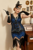 Royal Blue Sequined 1920s Gatsby Plus Size Dress with 20s Accessories Set