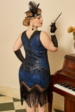 Royal Blue Sequined 1920s Gatsby Plus Size Dress with 20s Accessories Set