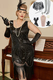 Black Sequins 1920s Flapper Plus Size Dress with 20s Accessories Set