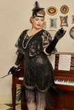 Black Sequins 1920s Flapper Plus Size Dress with 20s Accessories Set