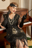 Black Short Sleeves 1920s Plus Size Dress with 20s Accessories Set