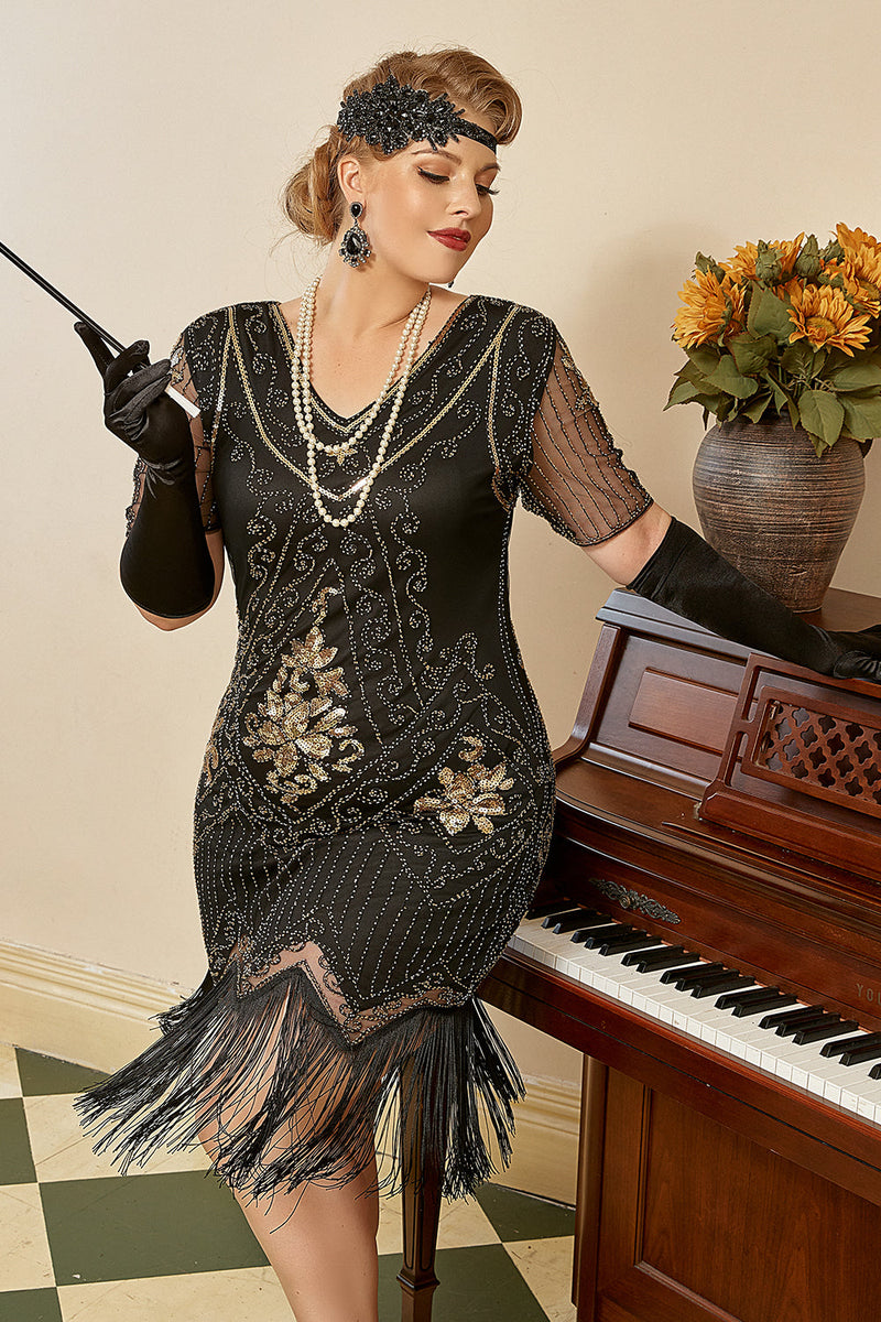 Load image into Gallery viewer, Black Short Sleeves 1920s Plus Size Dress with 20s Accessories Set