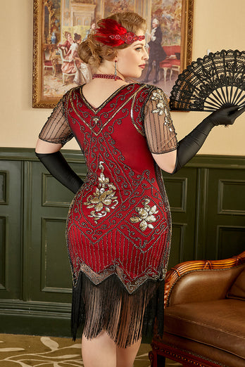 Golden and Red 1920s Plus Size Dress with 20s Accessories Set
