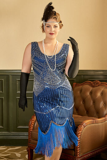 Royal Blue Sequined 1920s Plus Size Gatsby Dress with 20s Accessories Set