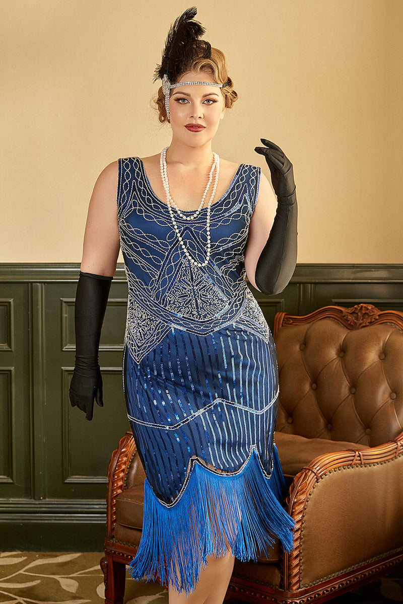 Load image into Gallery viewer, Royal Blue Sequined 1920s Plus Size Gatsby Dress with 20s Accessories Set