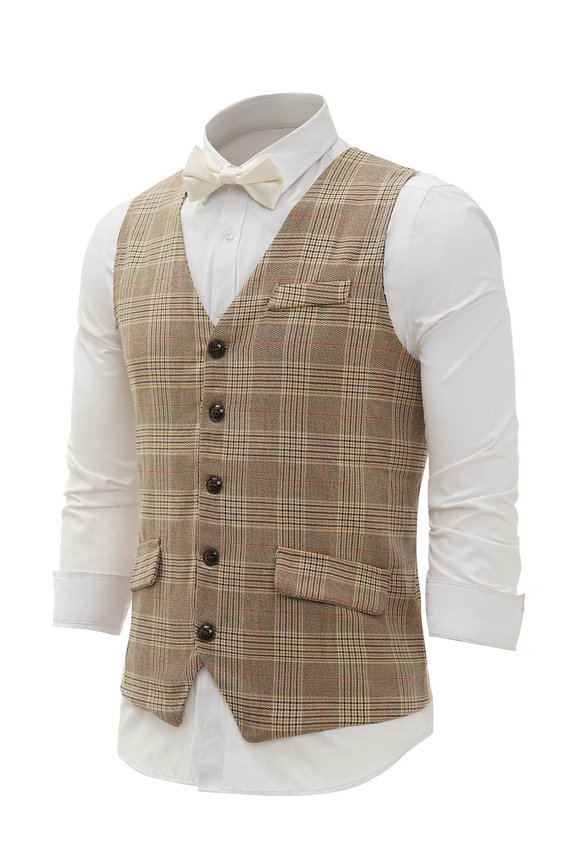 Load image into Gallery viewer, Khaki Plaid Men&#39;s Vest with 5 Pieces Accessories Set