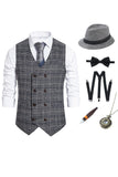 Grey Plaid Double Breasted Men's Vest with Accessories Set