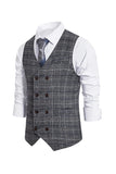 Grey Plaid Double Breasted Men's Vest with Accessories Set