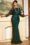 Sparkly Dark Green Sequined Long 1920s Flapper Dress with 20s Accessories