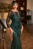 Sparkly Dark Green Sequined Long 1920s Flapper Dress with 20s Accessories