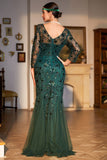 Sparkly Dark Green Sequined Long 1920s Flapper Dress with 20s Accessories