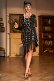 Sparkly Black Sequins 1920s Flapper Dress with 20s Accessories