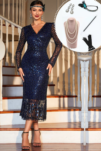 Navy Long Sleeves Sequined 1920s Gatsby Dress with Acessories Set