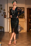 Dark Green Sequined Fringed Short Sleeves 1920s Gatsby Dress with Accessories Set