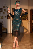 Dark Green Sequined Fringed 1920s Gatsby Dress with Accessories Set