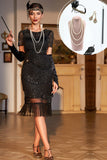 Sparkly Black Sequin Fringed 1920s Dress with Accessories Set