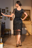 Sparkly Black Sequin Fringed 1920s Dress with Accessories Set