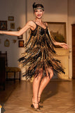 Sparkly Black and Golden Sequin Fringed 1920s Dress with Accessories Set