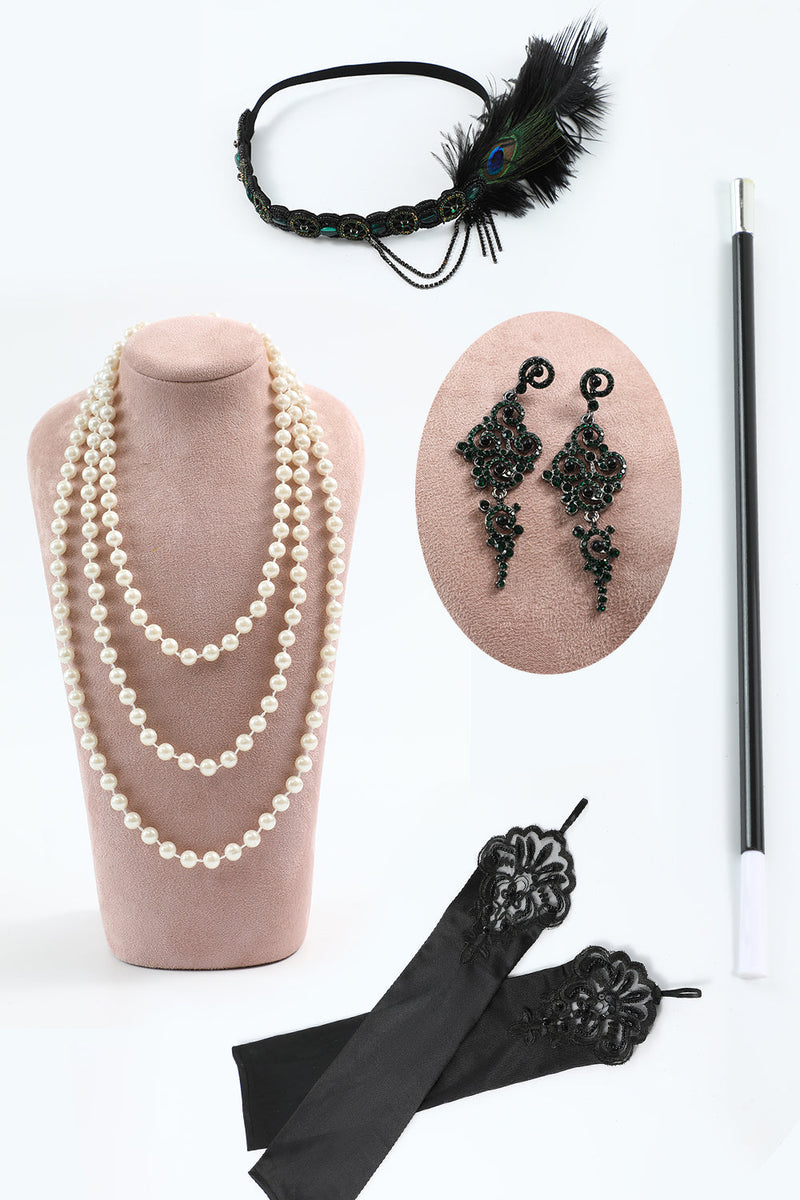 Load image into Gallery viewer, Sparkly Dark Green Sequins Fringed 1920s Dress with Accessories Set