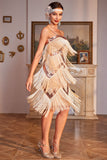 Sparkly Champagne Spaghetti Straps Sequins Fringed 1920s Dress with Accessories Set