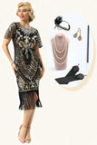 Black Sequins Fringed Cap Sleeves 1920s Dress with Accessories Set