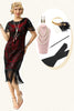 Load image into Gallery viewer, Black Red Sequins Fringed Cap Sleeves 1920s Dress with Accessories Set
