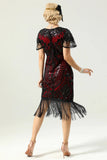 Black Red Sequins Fringed Cap Sleeves 1920s Dress with Accessories Set