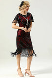 Black Red Sequins Fringed Cap Sleeves 1920s Dress with Accessories Set