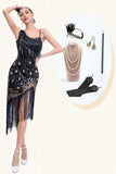 Sparkly Black Asymmetrical Sequins Fringed 1920s Dress with Accessories Set