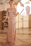 Sparkly Champagne Long Sequins Fringed 1920s Dress with Accessories Set