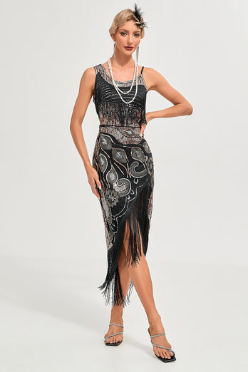 Sparkly Black Sequins Fringes Asymmetrical 1920s Gatsby Dress with Accessories Set