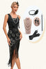 Load image into Gallery viewer, Glitter Black Fringed Sequins 1920s Gatsby Dress with 20s Accessories