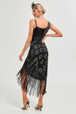 Glitter Black Fringed Sequins 1920s Gatsby Dress with 20s Accessories