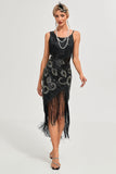 Glitter Black Fringed Sequins 1920s Gatsby Dress with 20s Accessories